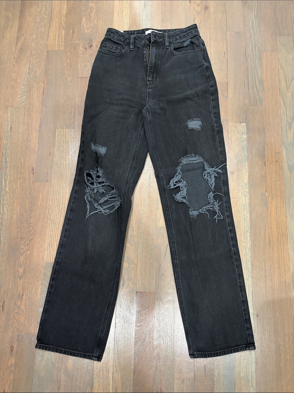 Black Distressed High-Waist Straight Jeans